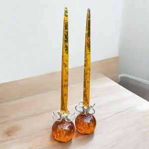 Mid Century Orange Lucite Candles With Gold Flakes and Holders Vintage Set Of 2